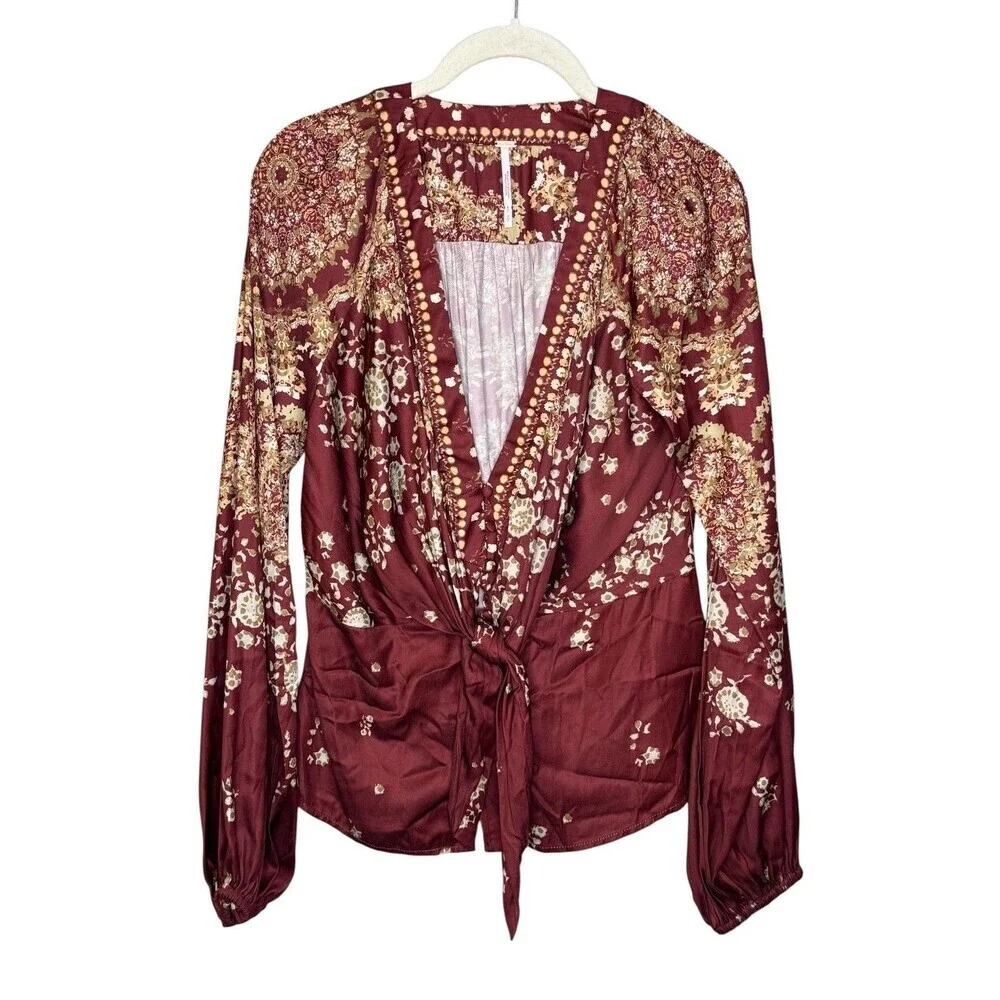 Free People Blouse Womens Small Red Floral Studded Tie Front V Neck Boho Top